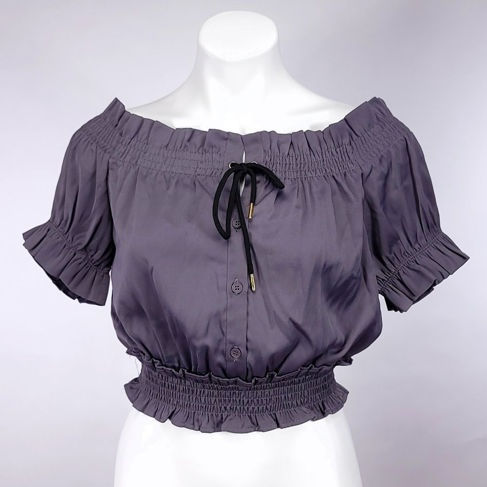 Romeo + Juliet Couture Charcoal Gray Smocked Off Shoulder Crop Top NWT Medium